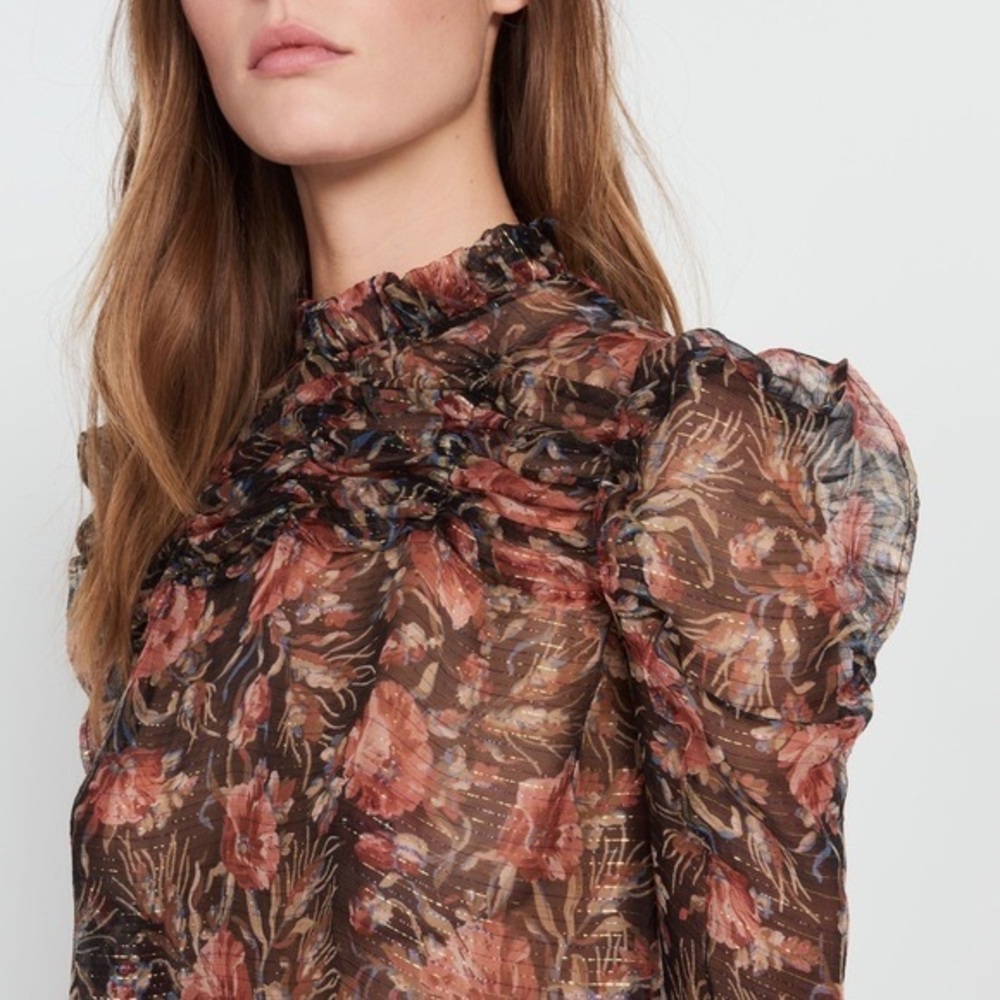 SANDRO Floral Sheer Puff Sleeve Top